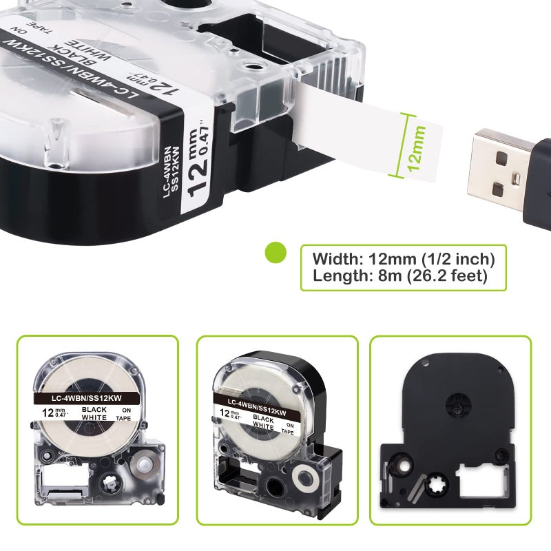 Absonic LC-4WBN Label Tape Compatible for LK-4WBN LC 4WBN9 SS12KW 12mm Label Cartridge for Epson LabelWorks LW-300 LW-400 LW-500 LW-600P LW-K200PX Label Maker, Black on White, 1/2" x 26', 2-Pack - Image 2